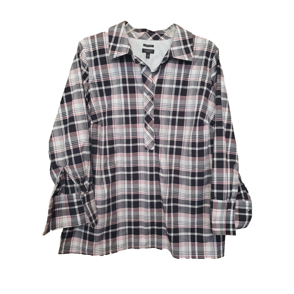 Talbots Woman Petite Wrinkle Resistant Cotton Blend Plaid Henley Popover 14WP